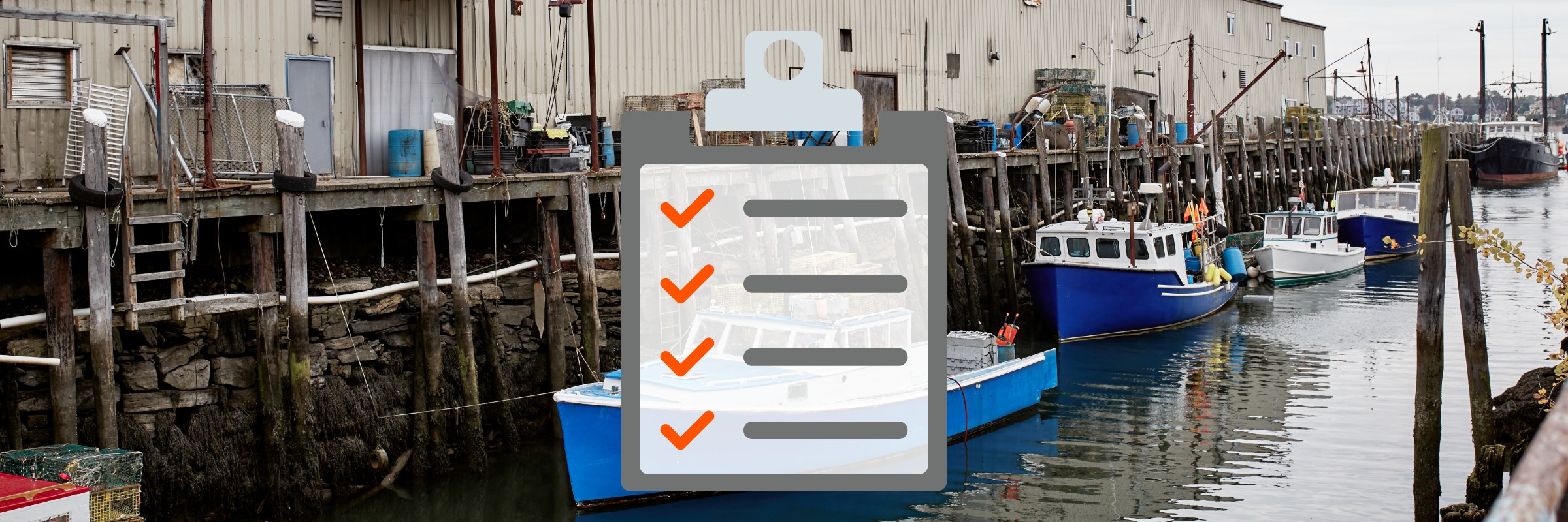 Commercial fishing boats at dock with checklist icon